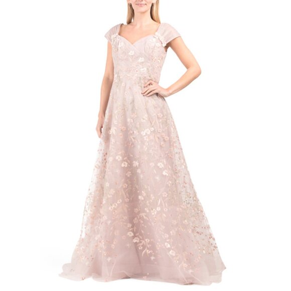 TERI JON DUSTY PINK MULTI Floral Embroidered Tulle A-line Gown - Picture 1 of 2